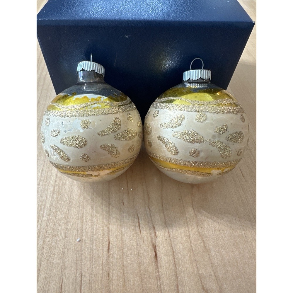 Vintage Shiny Brite Gold Yellow Mica Glass Christmas Ornaments Set of 2